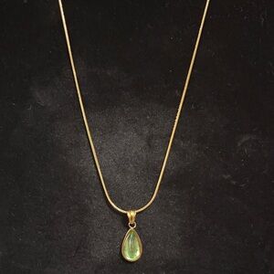 Elegant Titanium Steel Gold Plated Green Crystal Teardrop Pendant Necklace